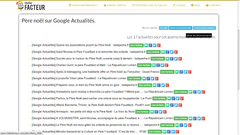 visualisation d'un abonnement Google Actualités pour 2 mots-clés différents, ici : père noël + père fouettard :-)